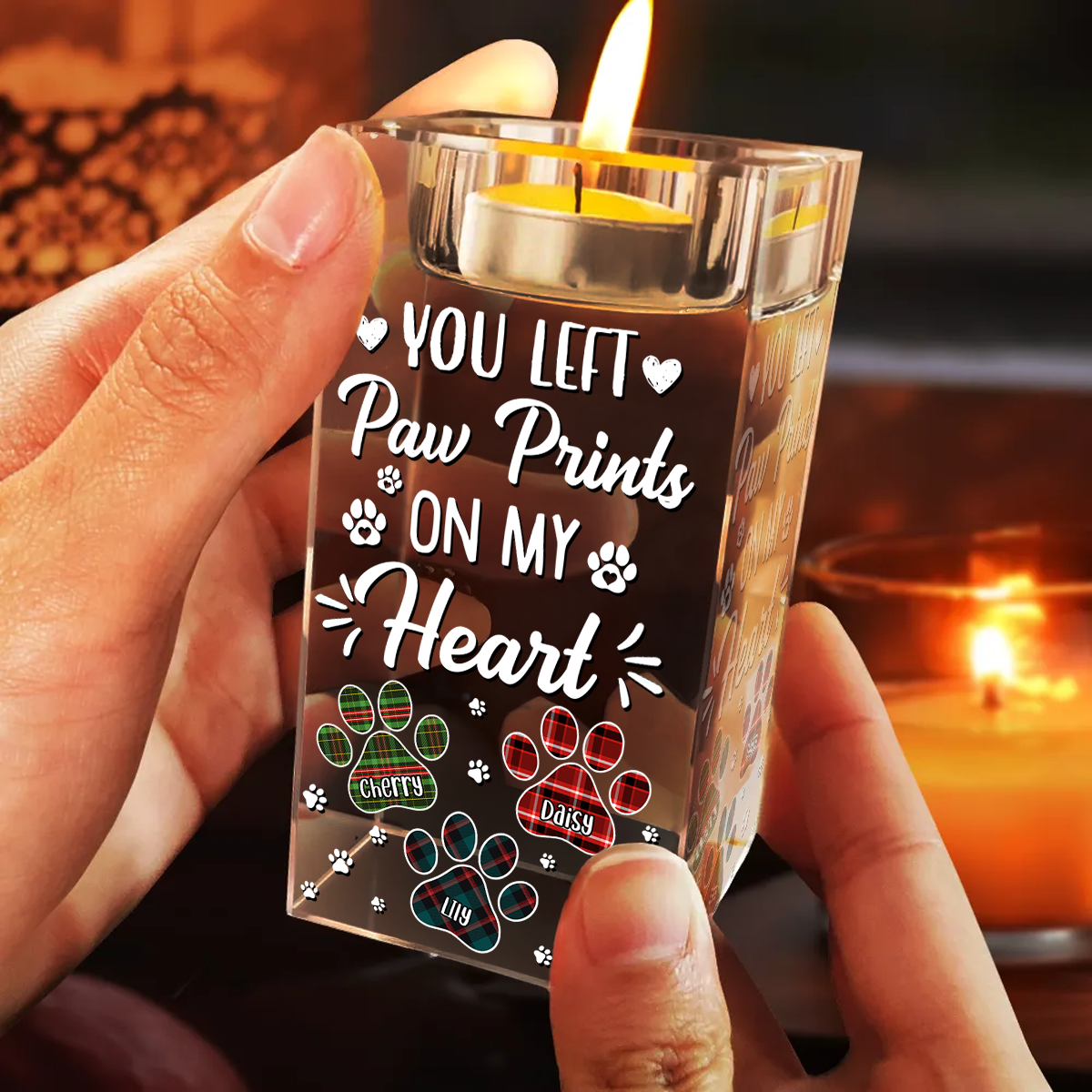 Pawprints On My Heart - Personalized Crystal Candle Holder - Pet Memorial