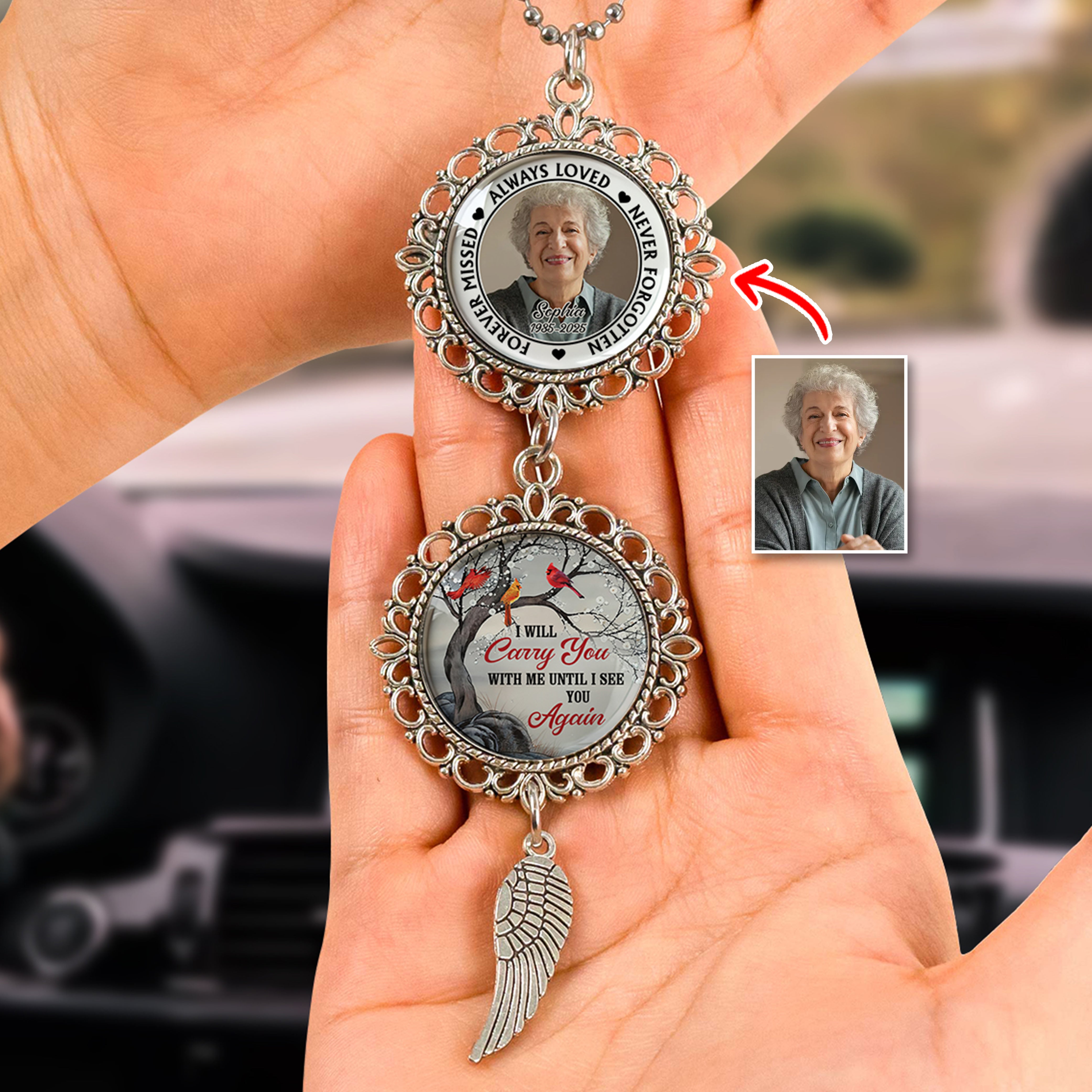 I am Always With You Cardinal- Personalized Photo Car Ornament With Charm