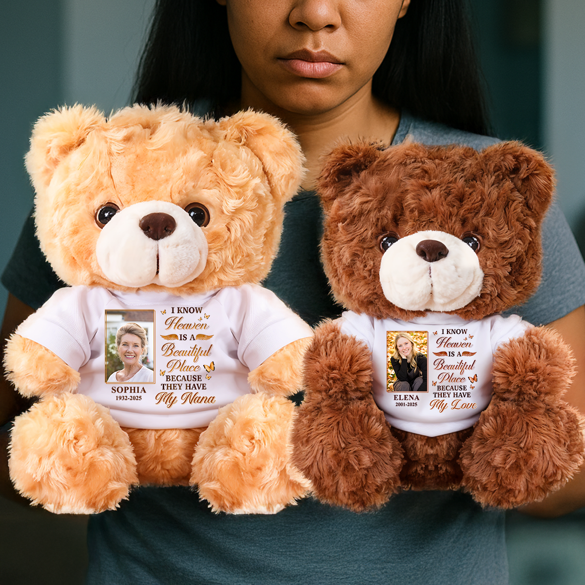 Heaven Is A Beautiful Place - Custom Name and Photo - Personalized Memorial Bear Plush