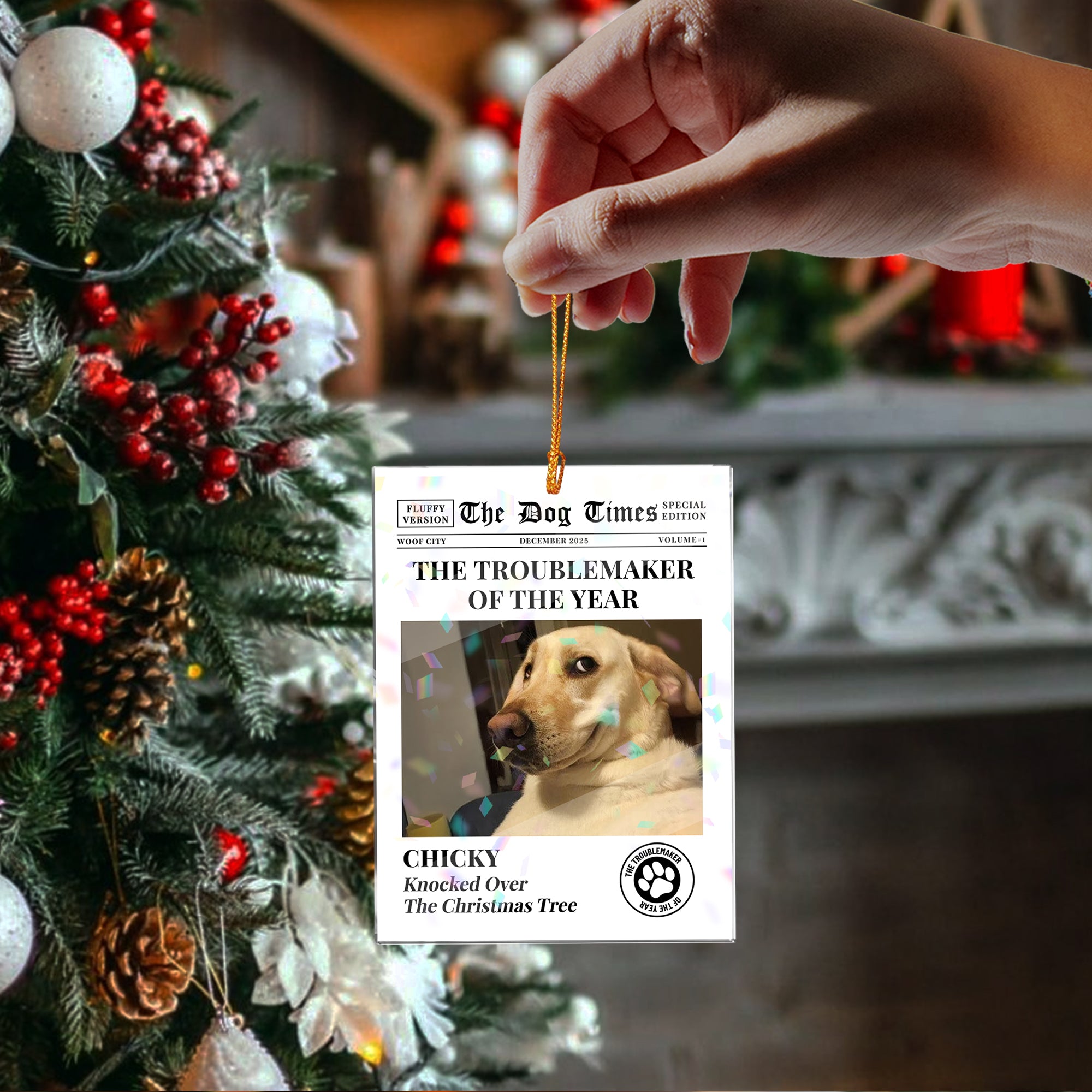 The Cat Dog Times - Custom Name and Photo - Custom Shape Hologram Ornament