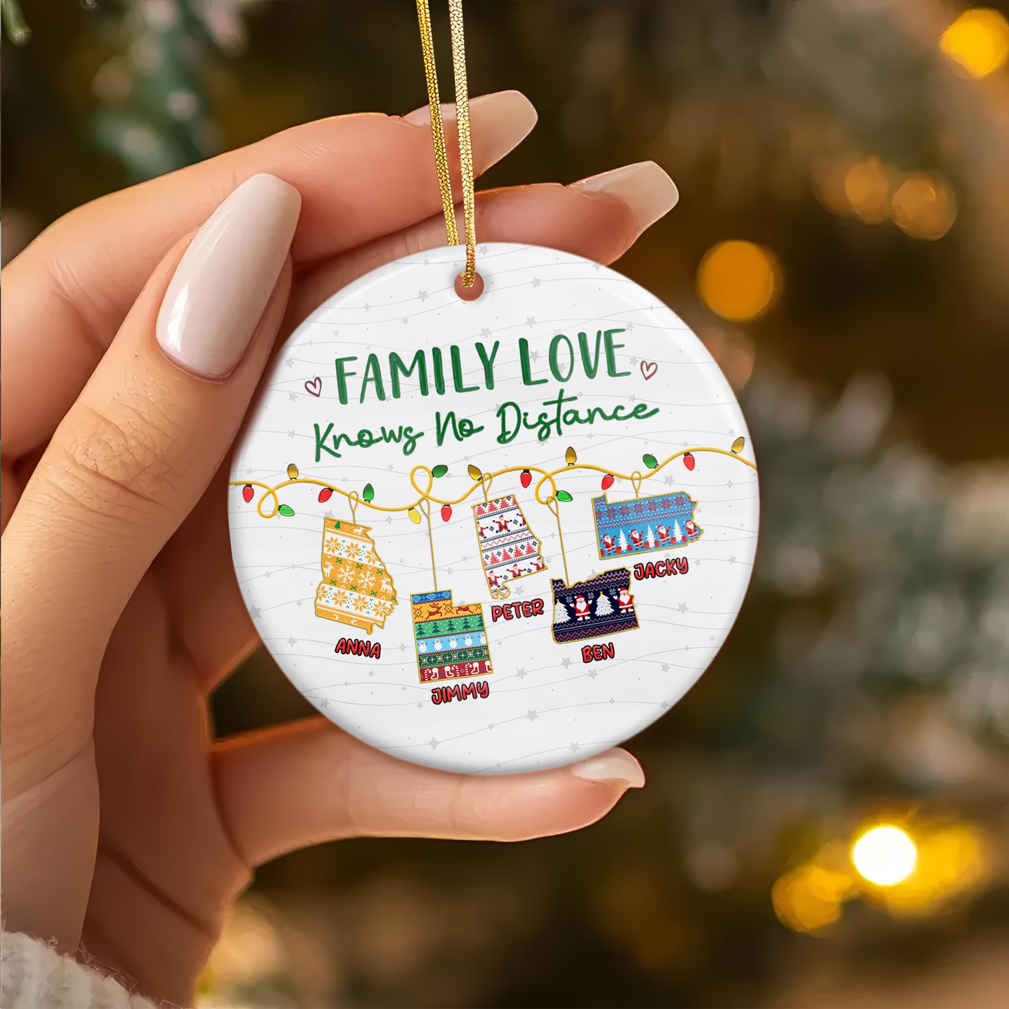 Custom Name and State Ceramic Ornament - Family Love Knows No Distance - Home Decor