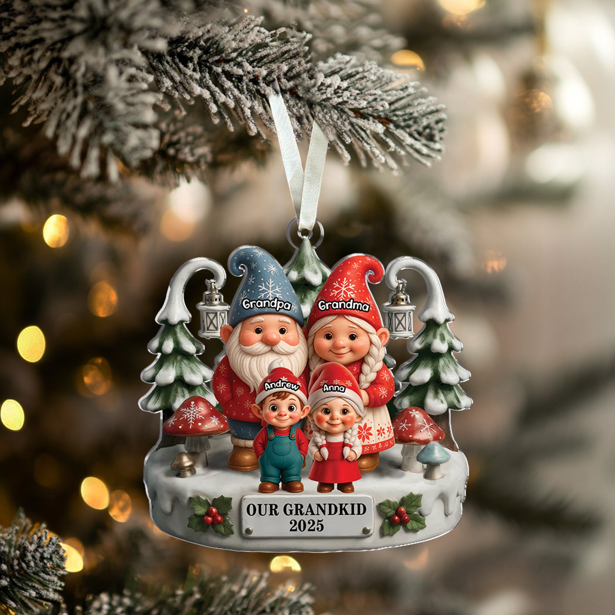 Elf Grandpa Grandma - Custom Name - Custom Shape Hologram Ornament - Christmas Gift