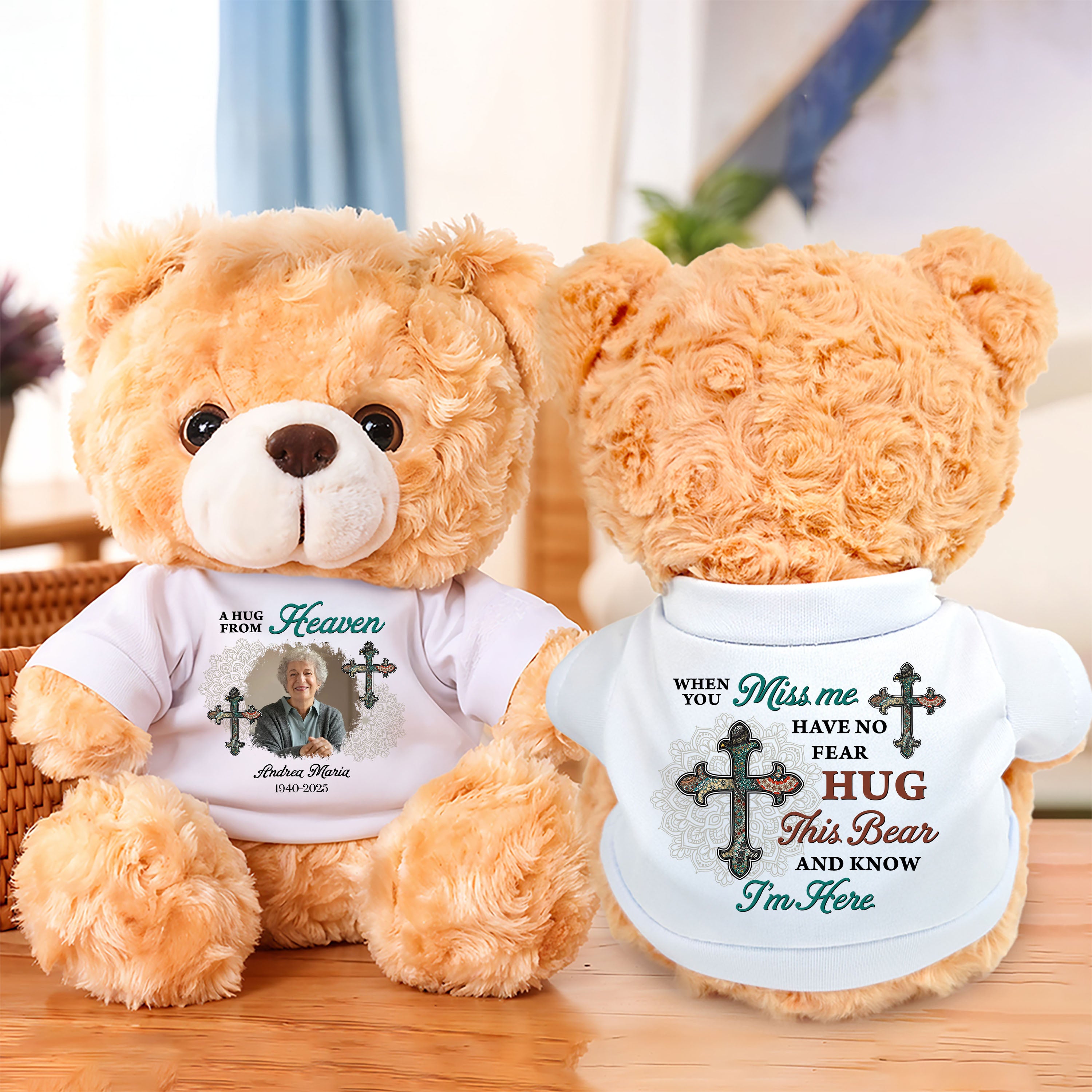 Sympathy Gift A Hug From Heaven - Personalized Bear Plush - Custom Name and Photo Teddy Bear