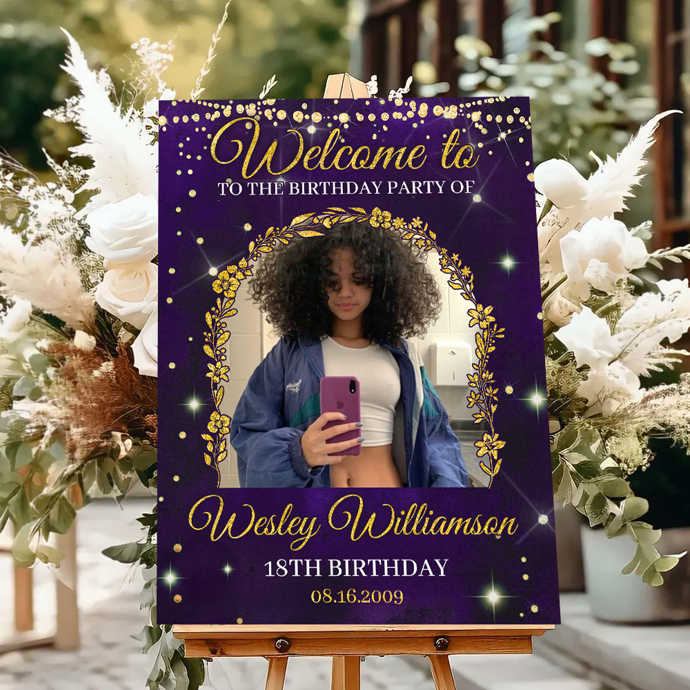 Welcome To The Birthday Party - Custom Name & Photo Law Sign - Birthday Party Welcome Sign