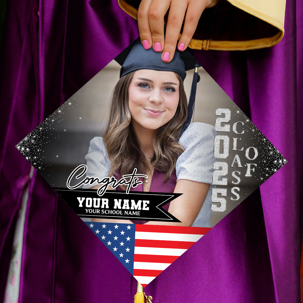 Personalized Flags Class Of 2025 Photo Graduation Cap Topper, Decorations For Grad Cap