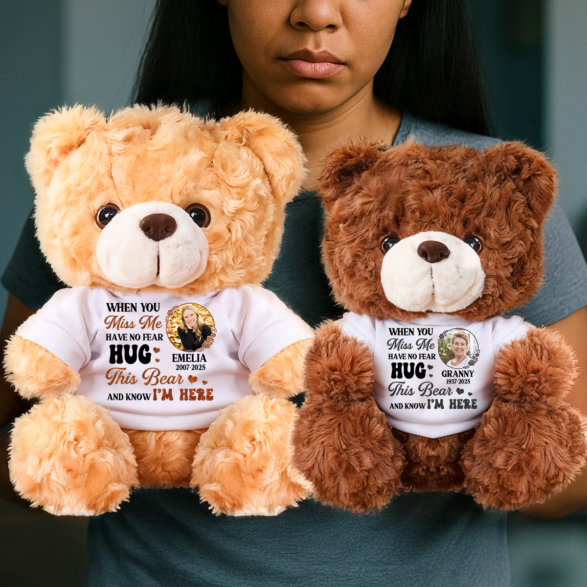 Hug This Bear Know I'm Here - Personalized Memorial Bear Plush - Custom Name and Photo Teddy Bear