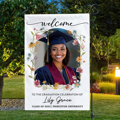 Welcome To The Graduation Celebration – Personalized Floral Welcome Sign and Garden Flag – Party Decor