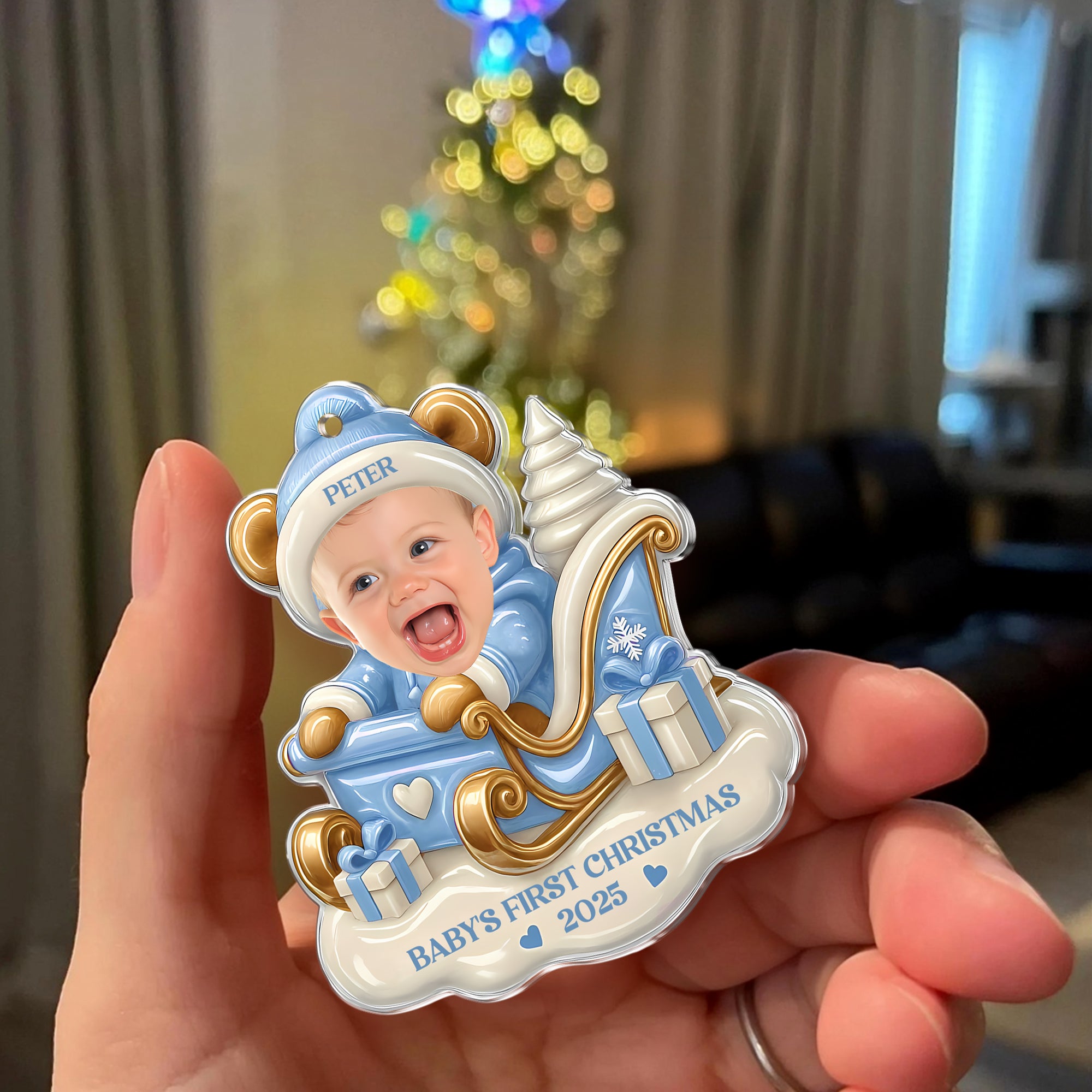 Baby First Christmas - Custom Name and Photo - Custom Shape Hologram Ornament - Christmas Decor