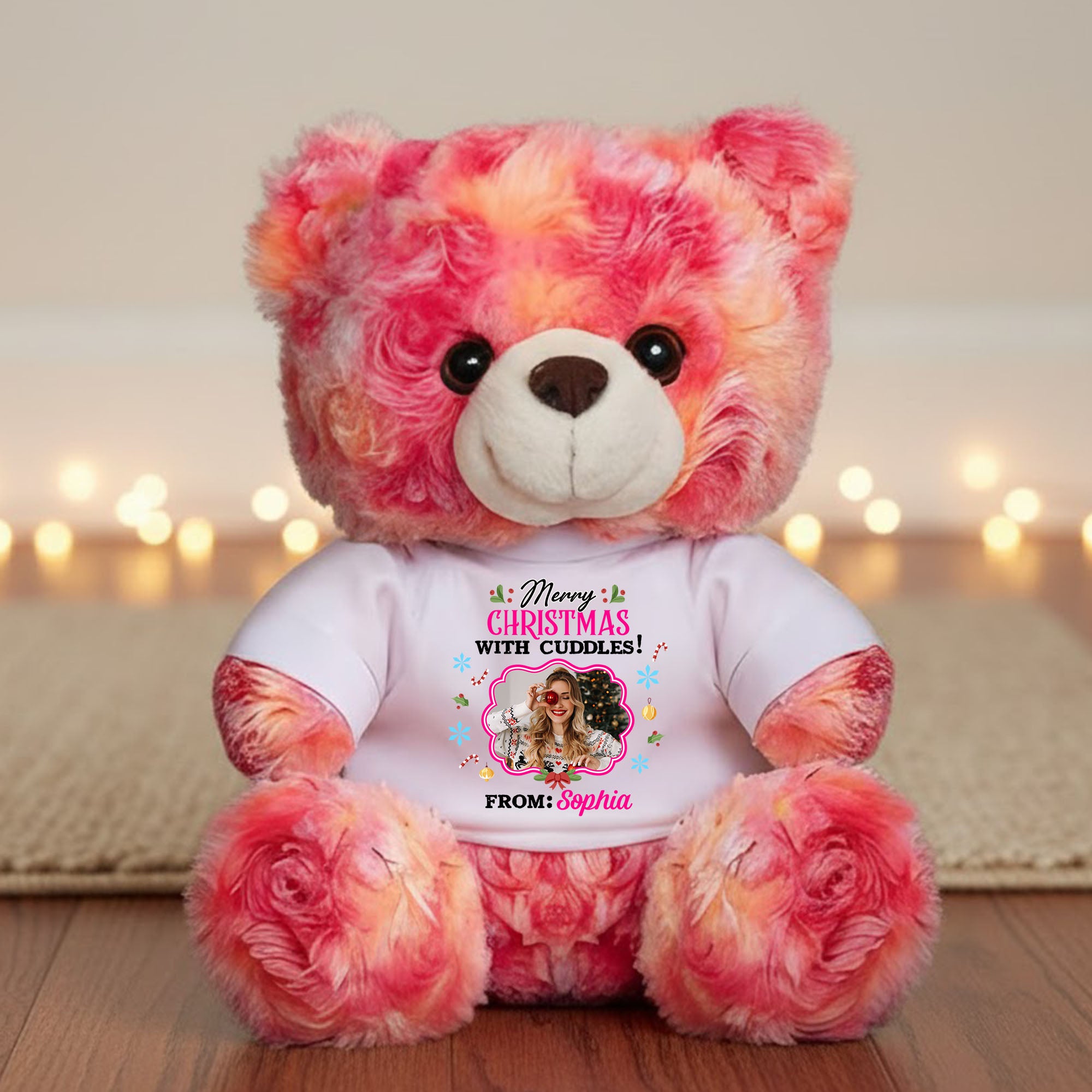 Christmas With Cuddles - Personalized Bear Plush - Custom Name and Photo Teddy Bear