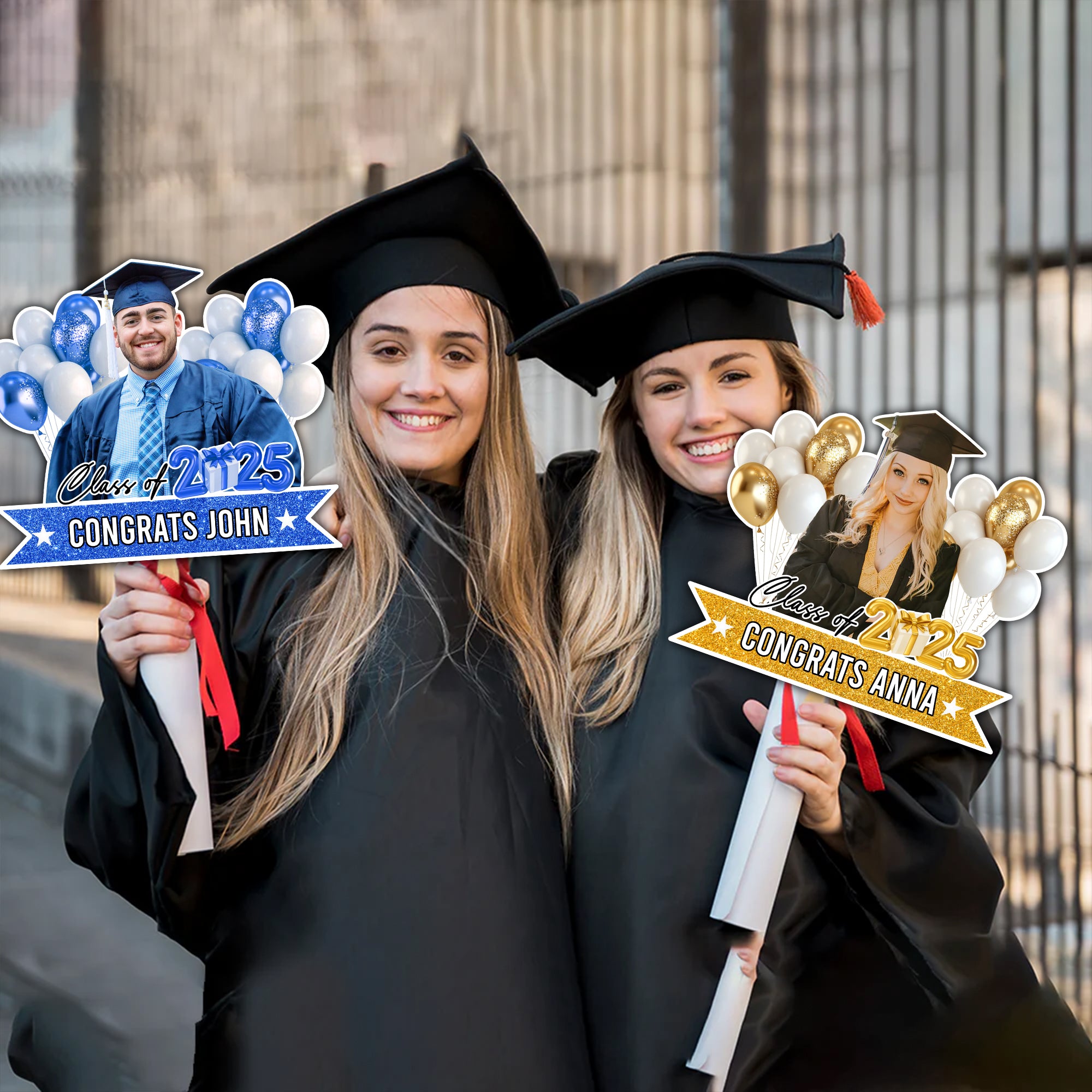 Personalized Face Fans With Wooden Handle - Graduation Keepsake Gift - Colorful Glitter Senior Photo Class Of 2025