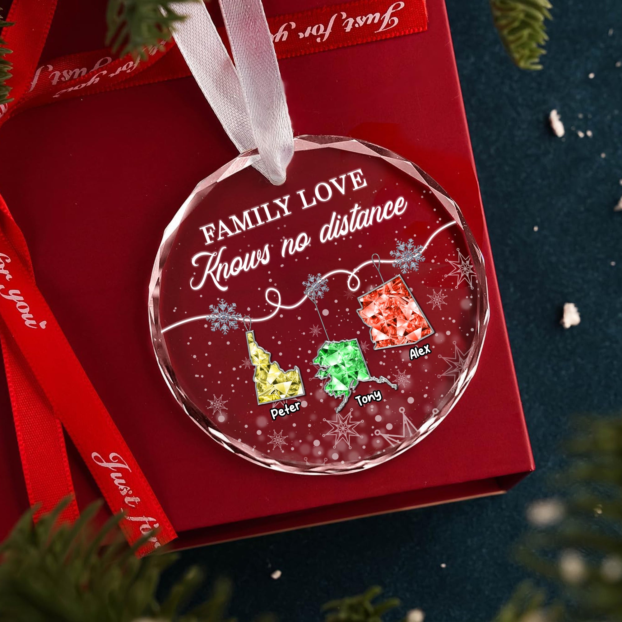 Family Love Knows No Distance - Custom State Crystal - Personalized Glass Ornament