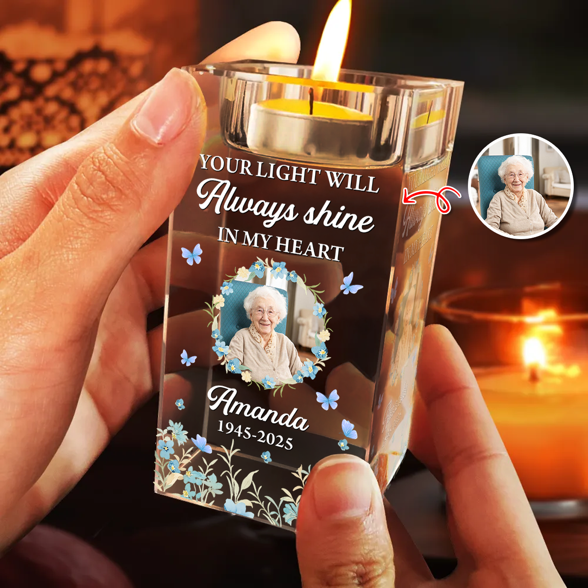 Your Light Will Always Shine - Personalized Crystal Candle Holder - Sympathy Gift