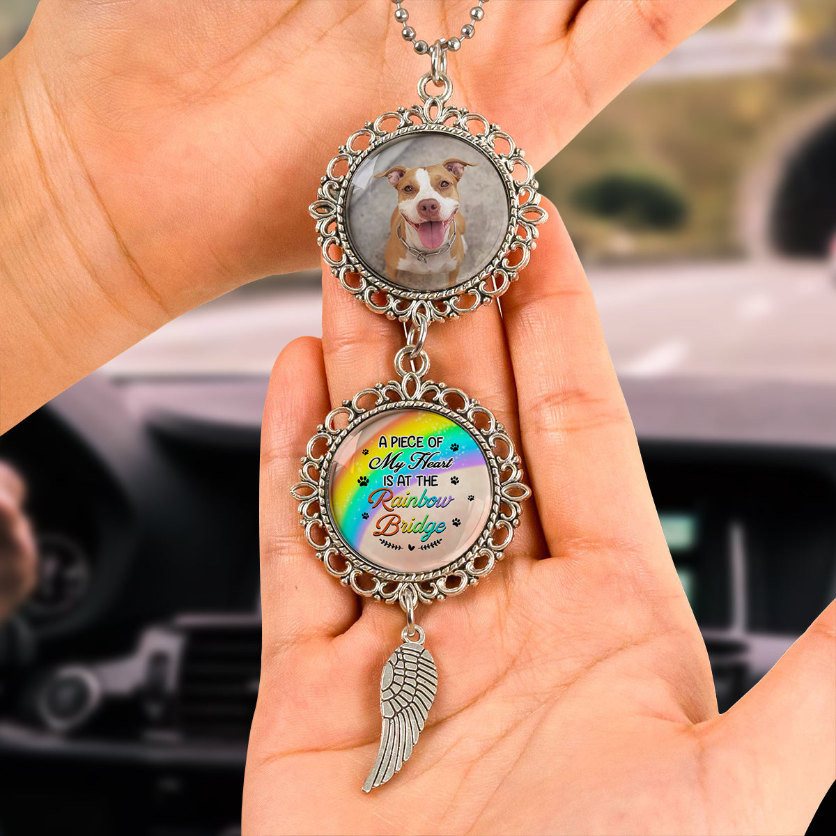 Rainbow Bridge - Personalized Photo Car Ornament With Charm - Pet Memorial