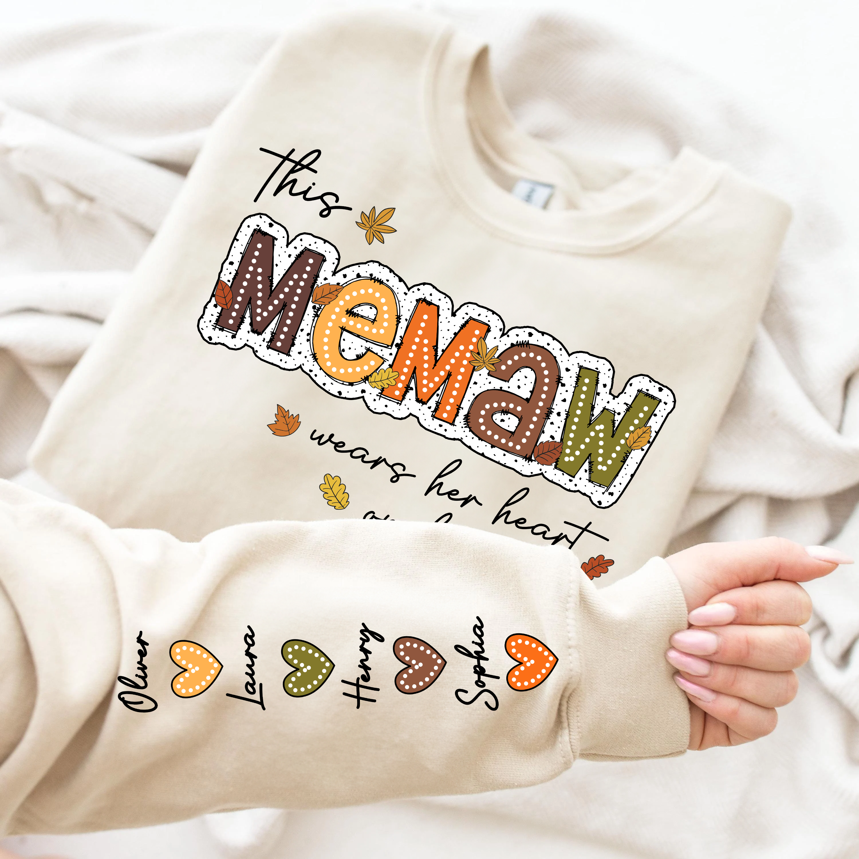 Personalized Gift For Grandma - Grandma Wears Her Heart On Her Sleeves - Custom Name Christmas Shirt