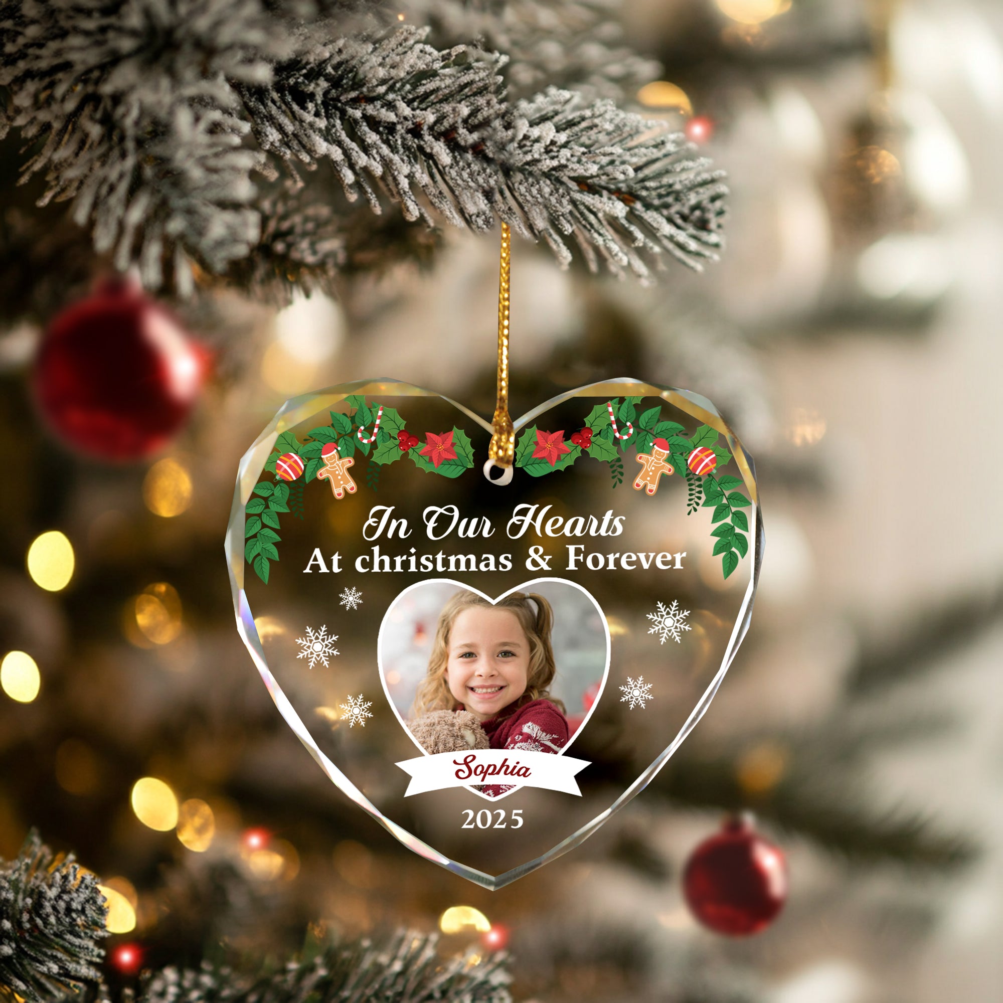 In Our Hearts - Custom Name and Photo - Personalized Glass Ornament - Memorial Gift