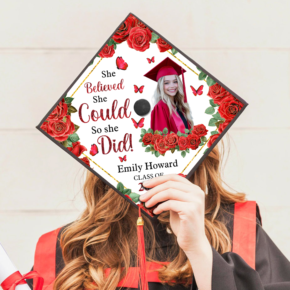 She Believed She Could, So She Did – Custom Graduation Cap Topper | Class of 2025 | Personalized With Name