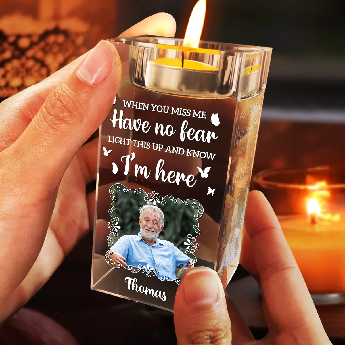 Custom Name and Photo Crystal Candle Holder - Sympathy Gift