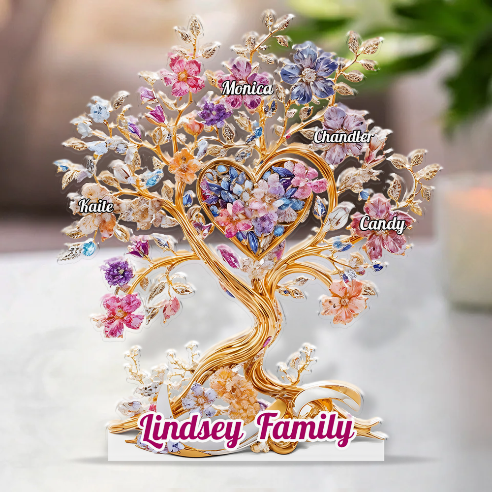 Family Tree Hearts and Flowers - Personalized Name Gift - Custom Shape Acrylic Block Plaque