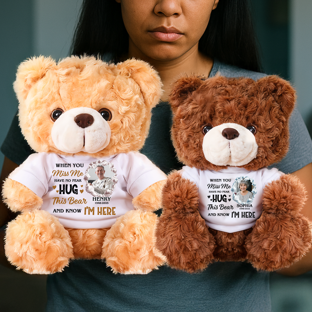 When You Miss Me Hug This Bear - Personalized Memorial Bear Plush - Custom Photo and Name Bear