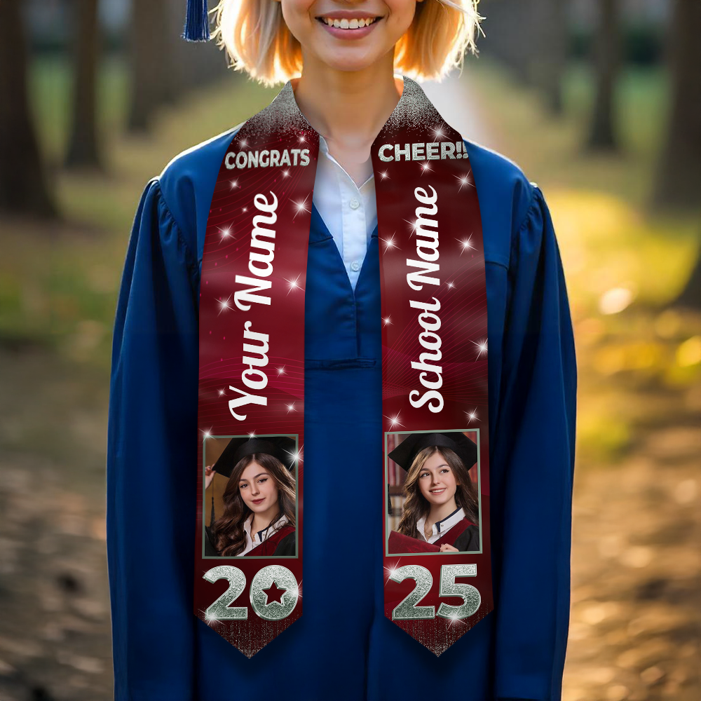 Congrats 2025 Graduation Stole With Photo and School Name - Personalized Gift For Graduation