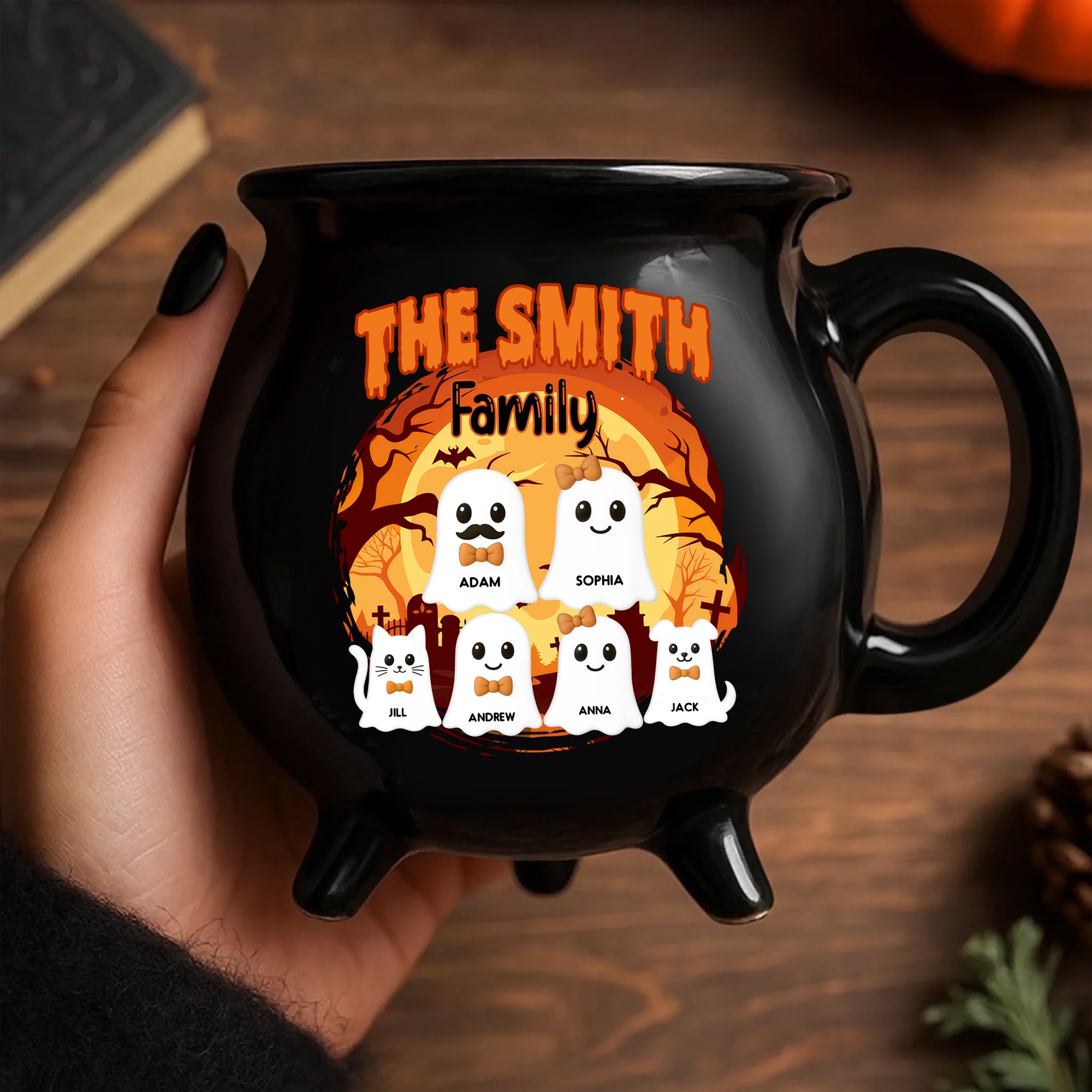 Custom Name Ghost Family - Personalized Ceramic Cauldron Coffee Mug - Halloween Gift