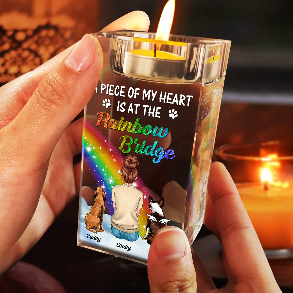 Custom Name and Appearance - Personalized Crystal Candle Holder - Rainbow Bridge