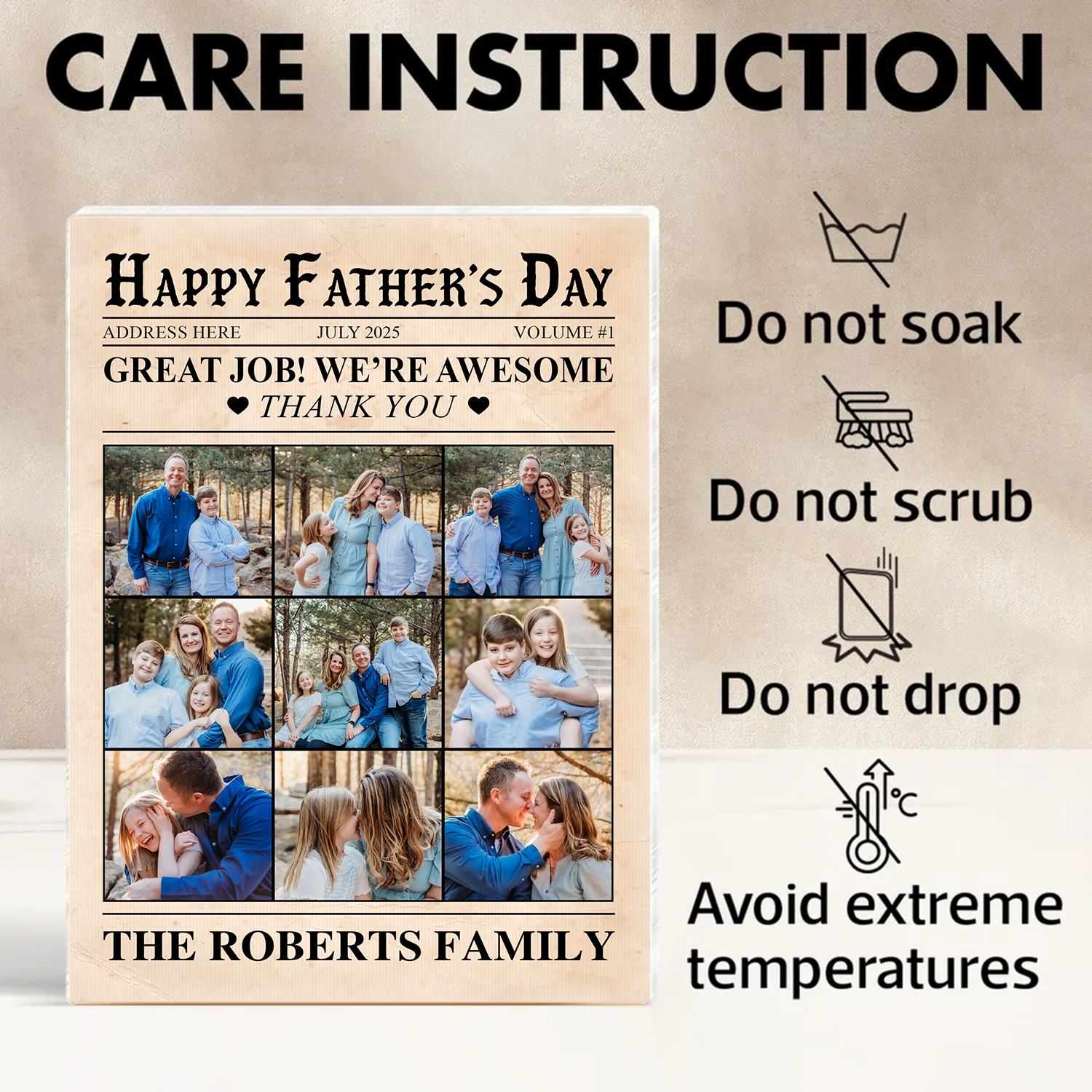 Happy Father's Day - Personalized Family Name and Photo Gift - Custom Shape Acrylic Block Plaque