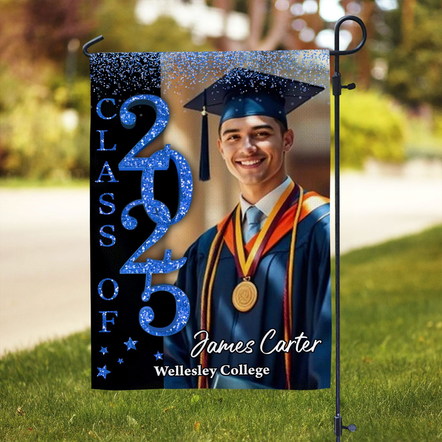 Glitter Congrats Graduation - Custom Name Class Of 2025 With Photo – Graduation Garden Flag & Party Decor