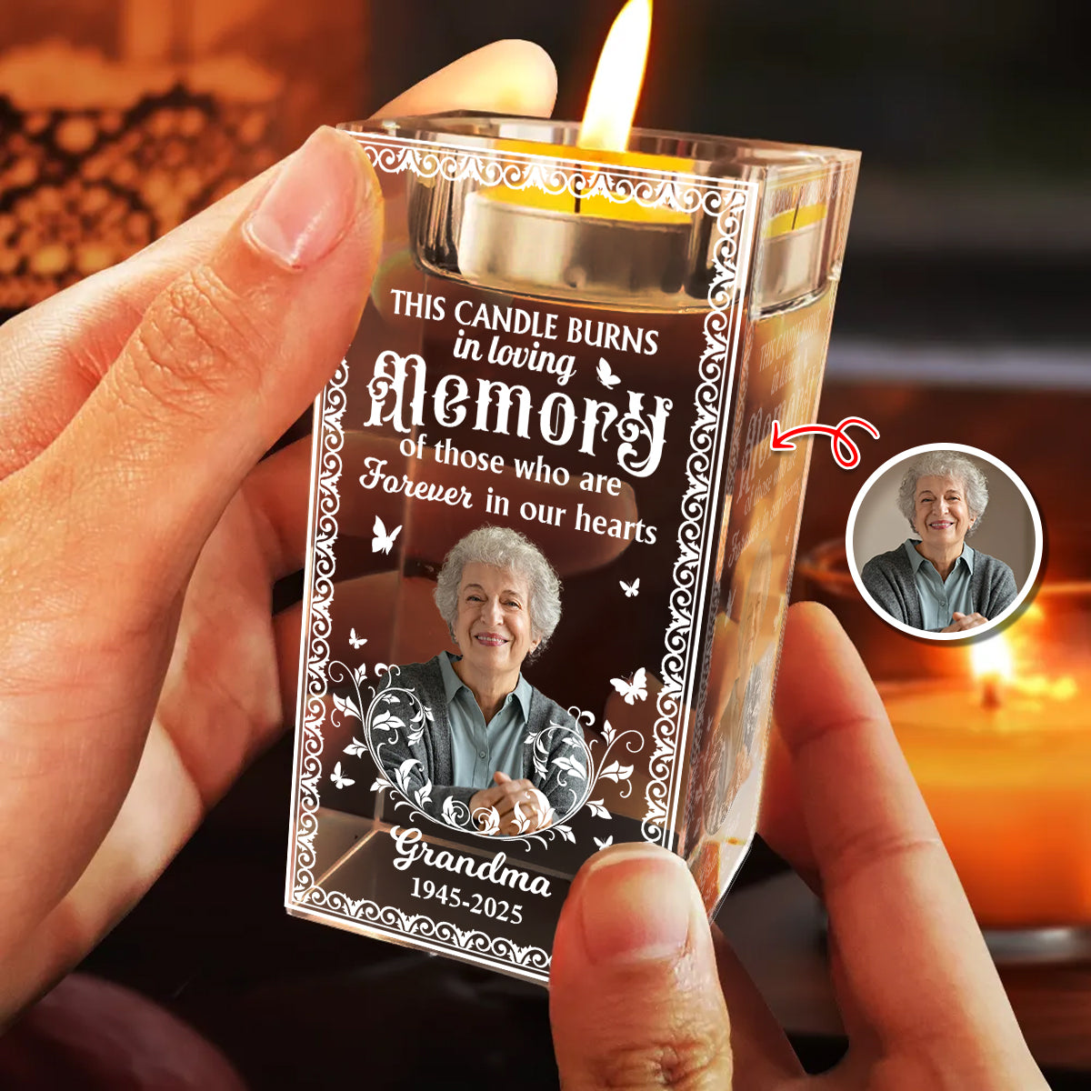 Custom Name and Photo - Personalized Crystal Candle Holder - Memorial Gift