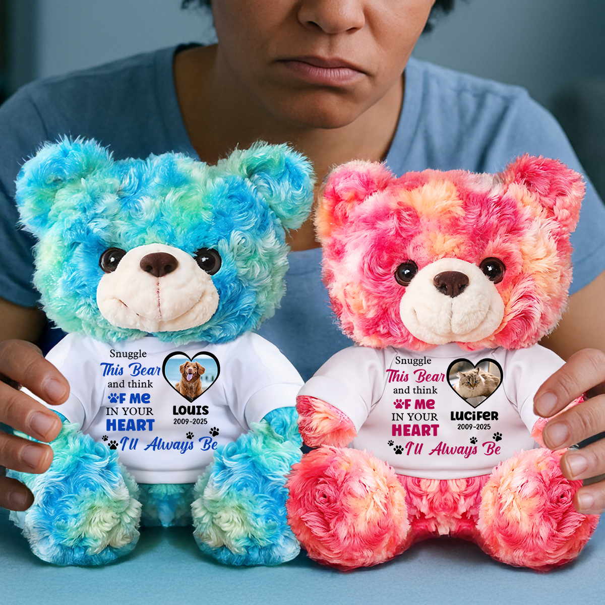 Snuggle This Bear and Think Of Me - Personalized Pet Memorial Bear Plush - Custom Photo and Name Bear