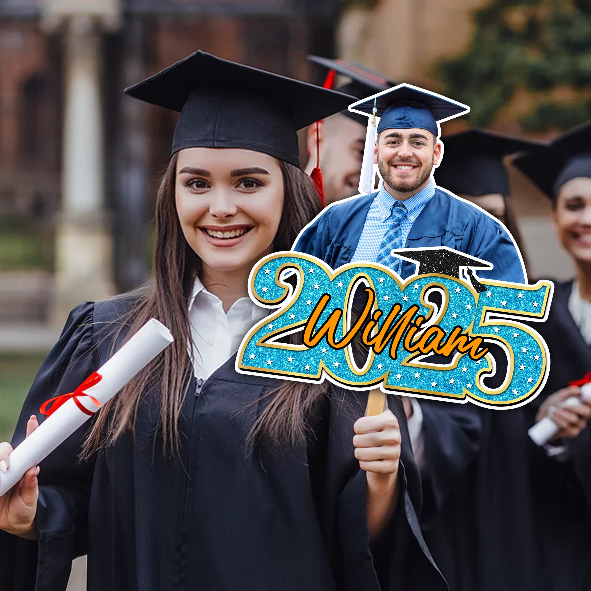 Personalized Face Fans With Wooden Handle - Colorful Glitter Senior Photo Class Of 2025 - Graduation Keepsake Gift