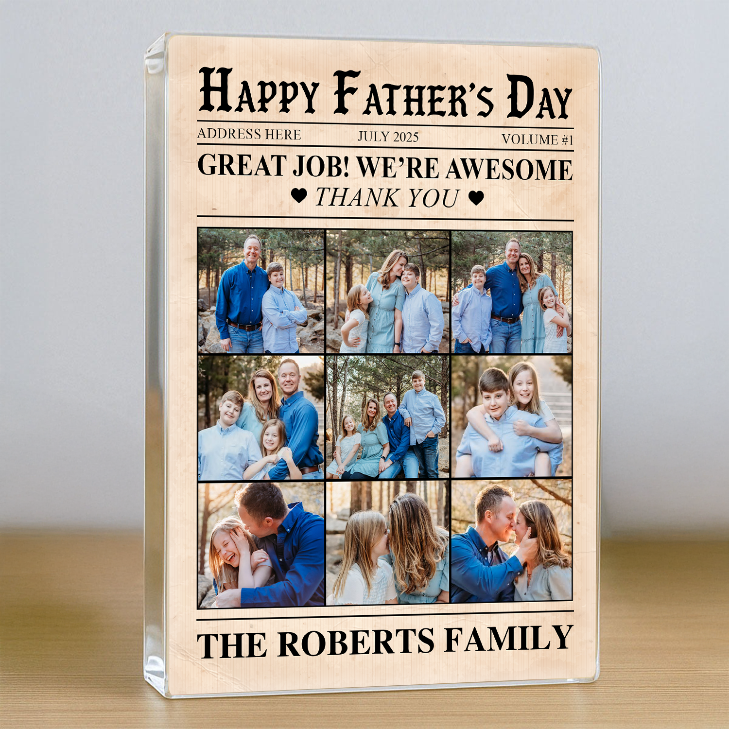 Happy Father's Day - Personalized Family Name and Photo Gift - Custom Shape Acrylic Block Plaque