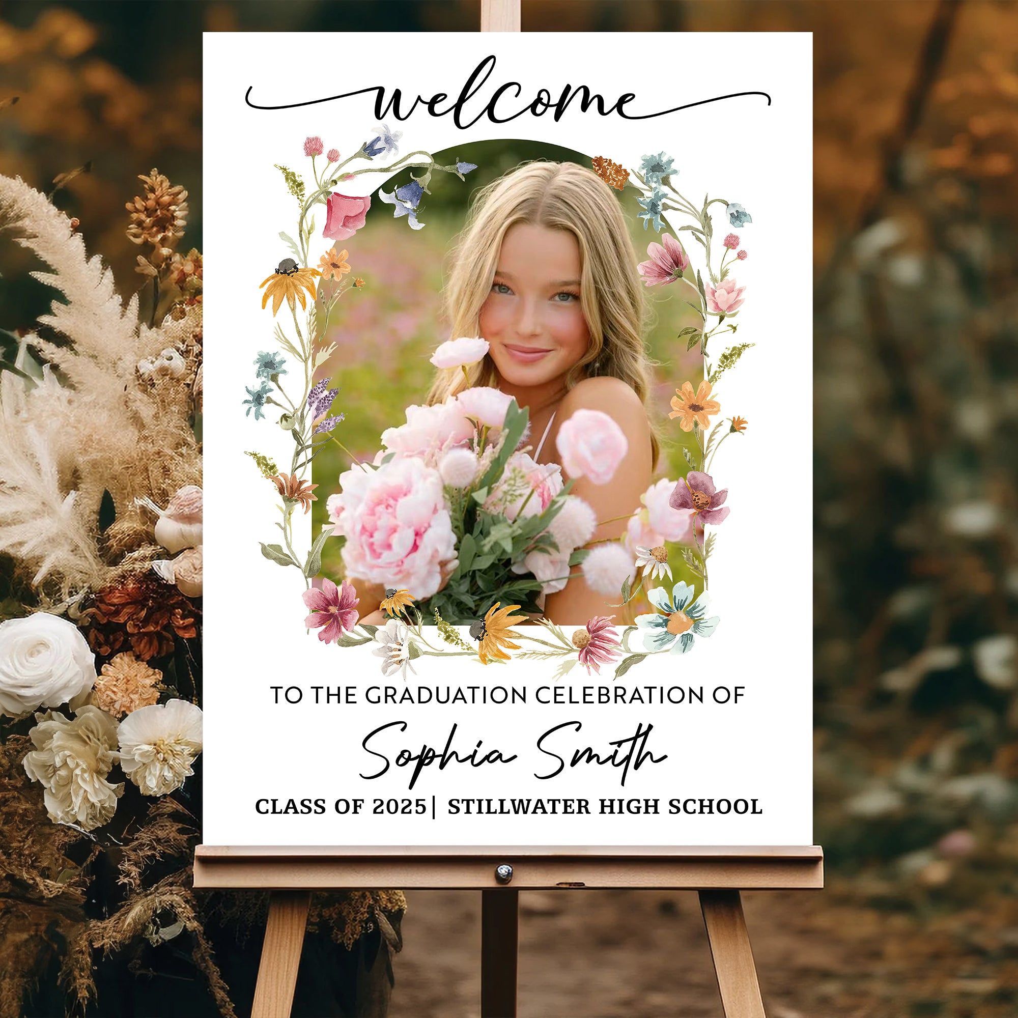 Welcome To The Graduation Celebration – Personalized Floral Welcome Sign