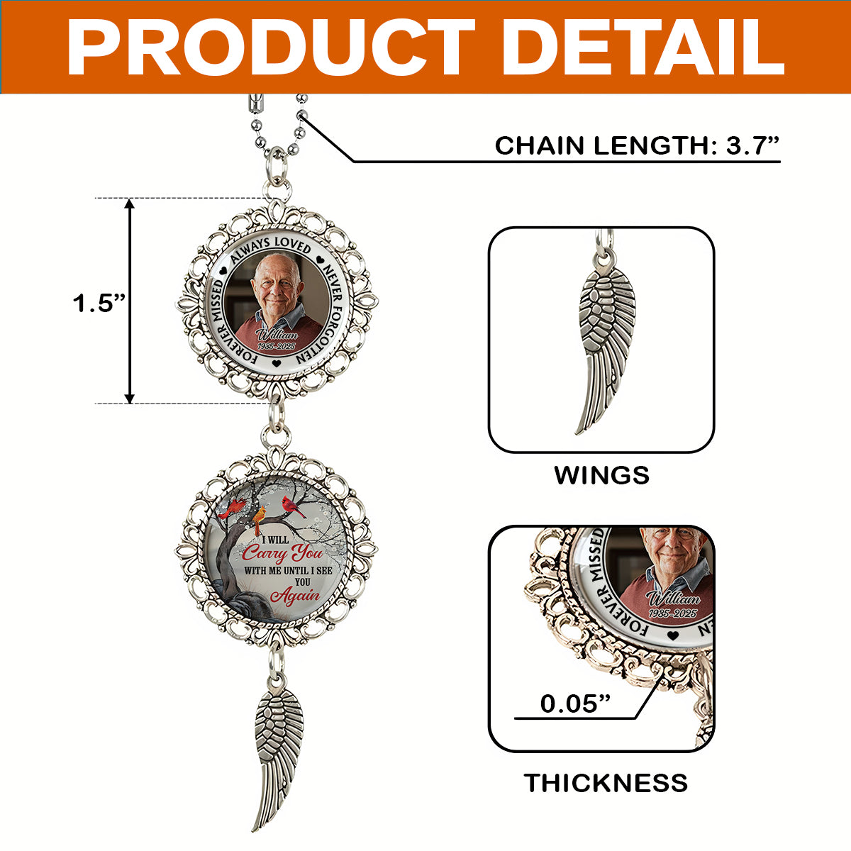 I am Always With You Cardinal- Personalized Photo Car Ornament With Charm