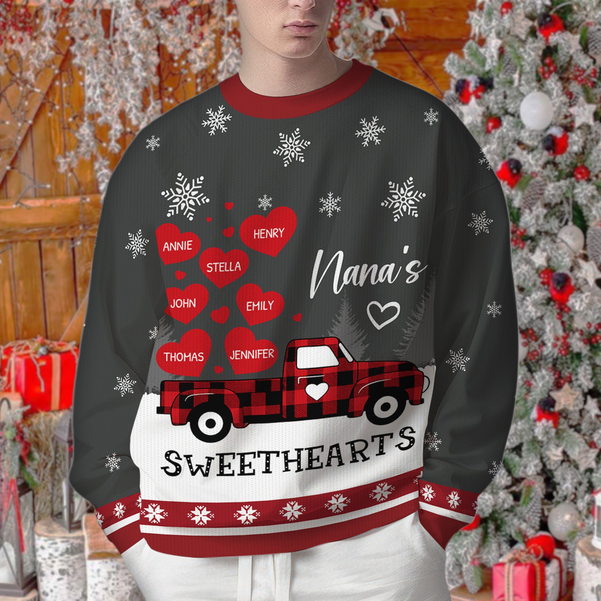 Nana's Heart Car - Custom Name Ugly Christmas Sweatshirt - All-Over-Print Sweatshirt