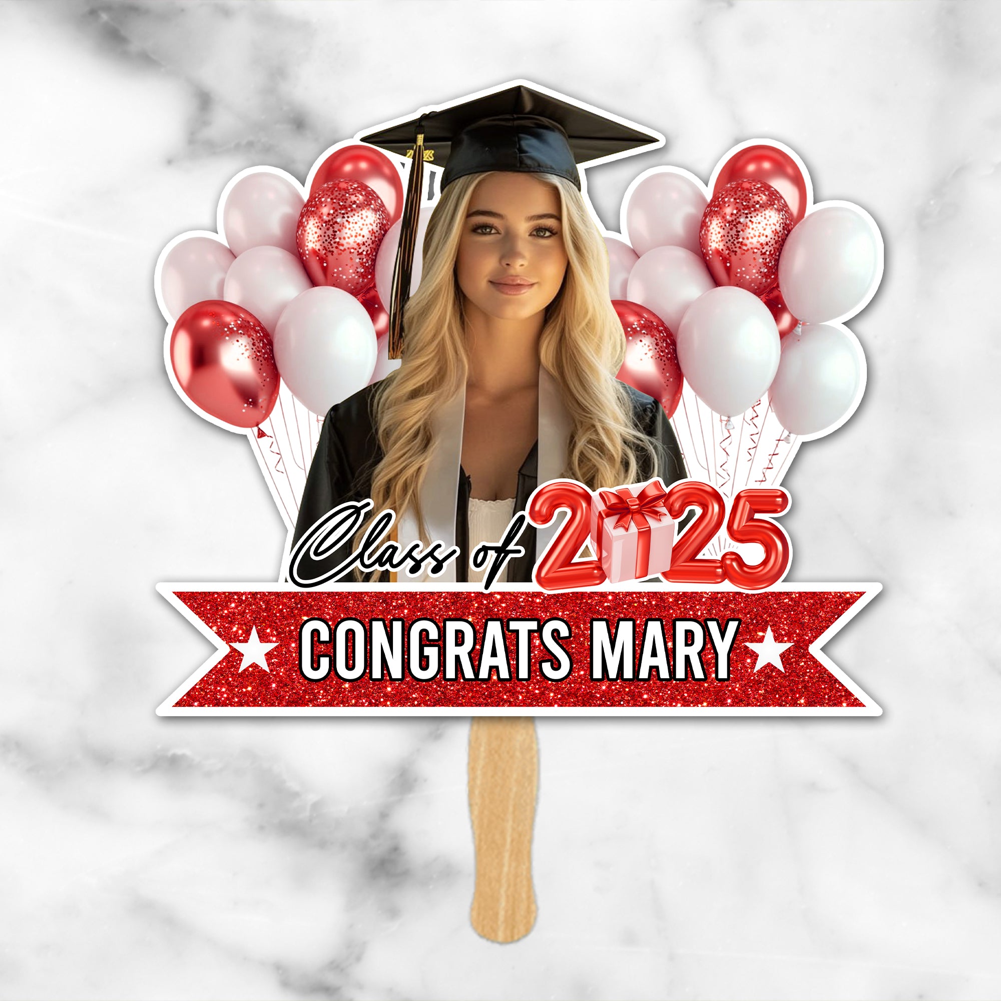 Personalized Face Fans With Wooden Handle - Graduation Keepsake Gift - Colorful Glitter Senior Photo Class Of 2025