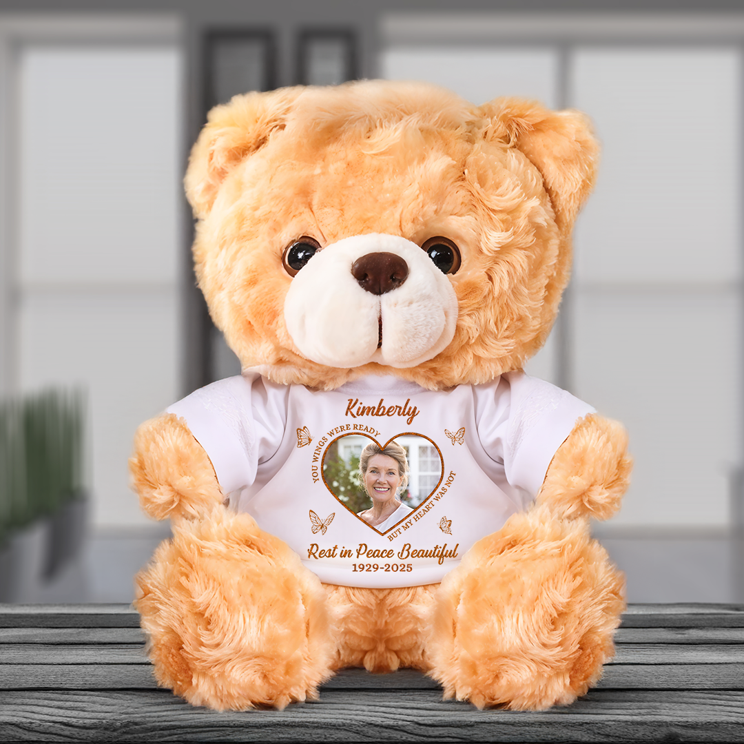 Rest In Peace Beautiful - Personalized Memorial Bear Plush - Custom Name and Photo Teddy Bear