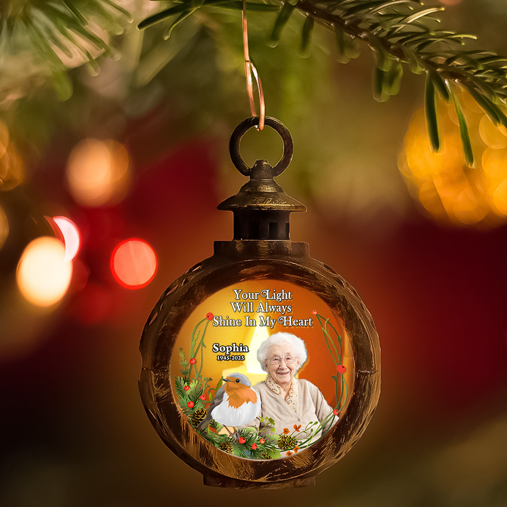Your Light In My Heart - Custom Name and Photo - Personalized Memorial Candlelight Lantern Ornament