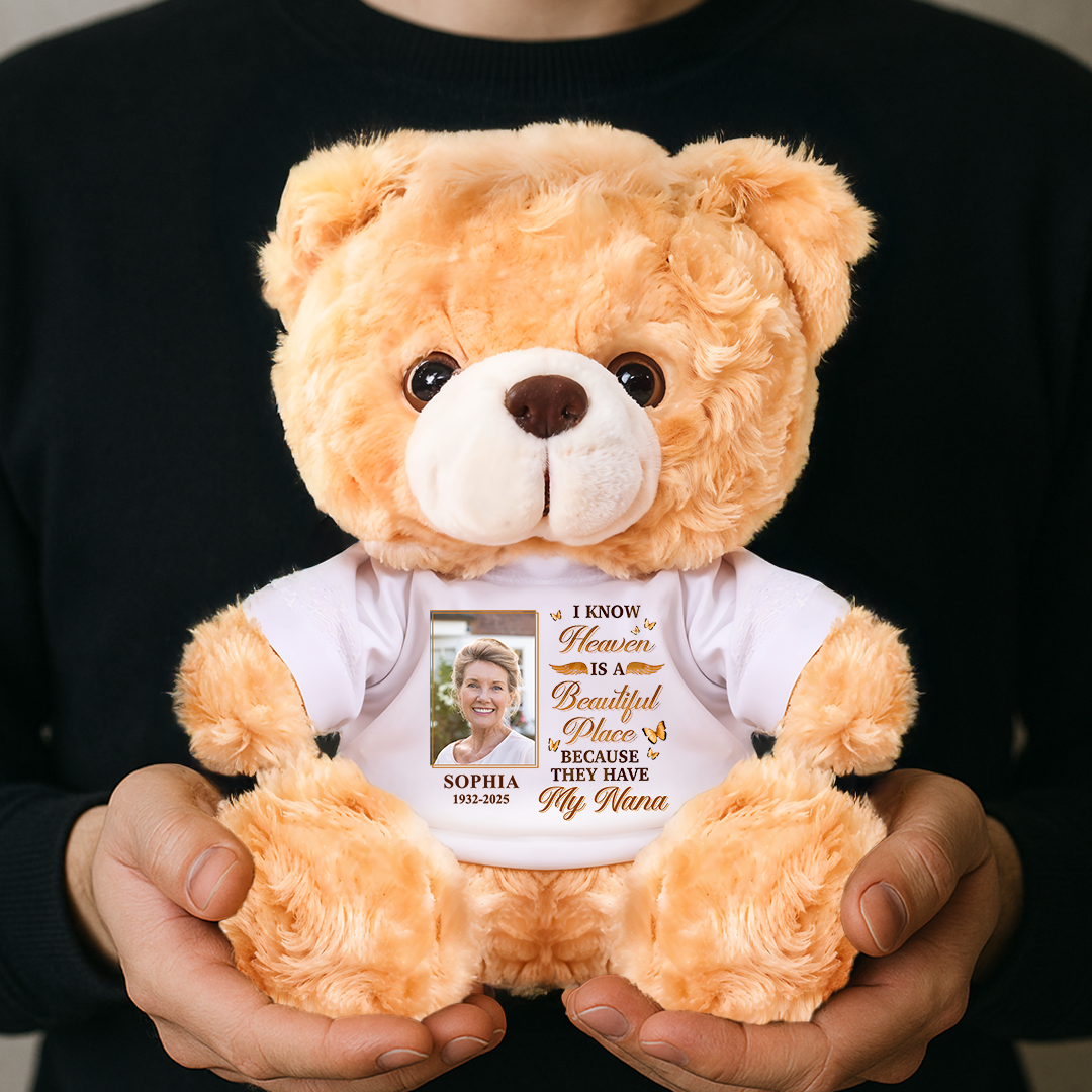 Heaven Is A Beautiful Place - Custom Name and Photo - Personalized Memorial Bear Plush