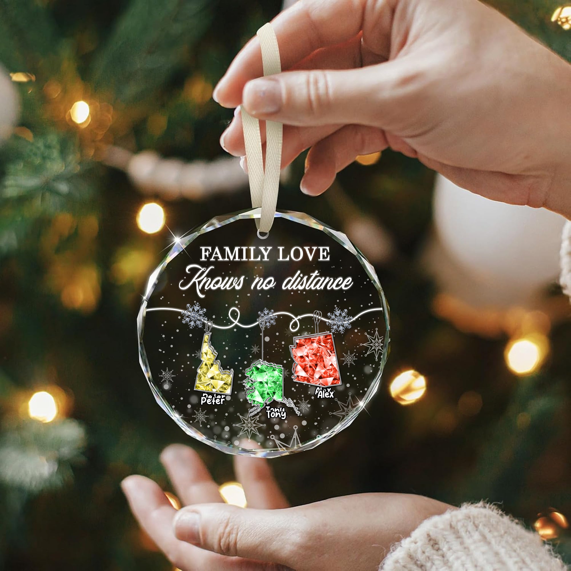 Family Love Knows No Distance - Custom State Crystal - Personalized Glass Ornament