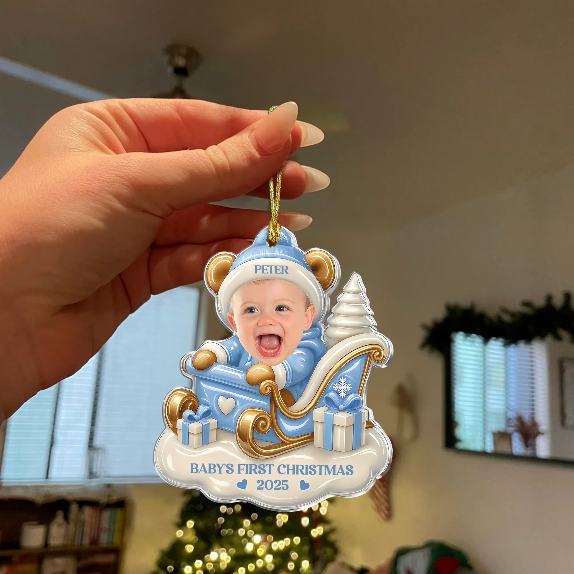 Baby First Christmas - Custom Name and Photo - Custom Shape Hologram Ornament - Christmas Decor
