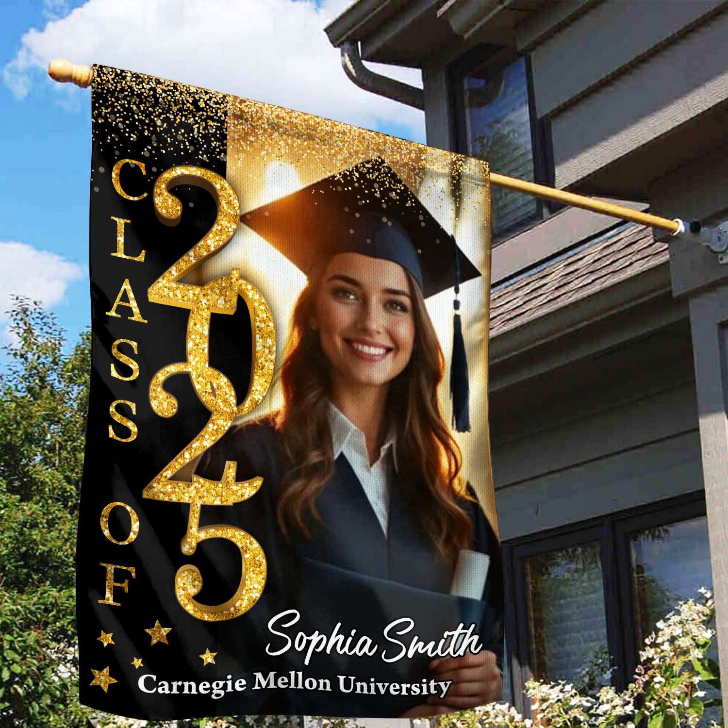 Glitter Congrats Graduation - Custom Name Class Of 2025 With Photo – Graduation Garden Flag & Party Decor