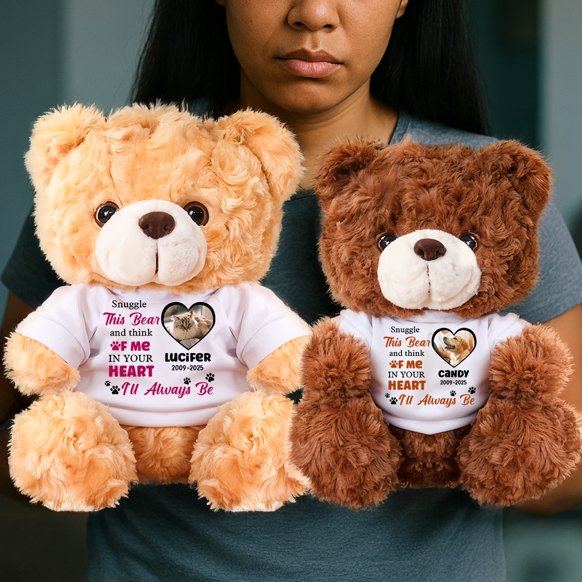 Snuggle This Bear and Think Of Me - Personalized Pet Memorial Bear Plush - Custom Photo and Name Bear