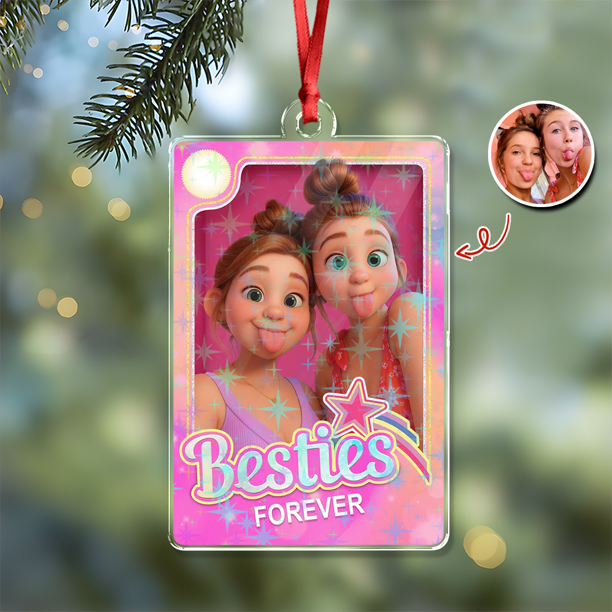 Bestie Forever - Custom Photo Cartoon Style Hologram Ornament - Gift for Best Friend