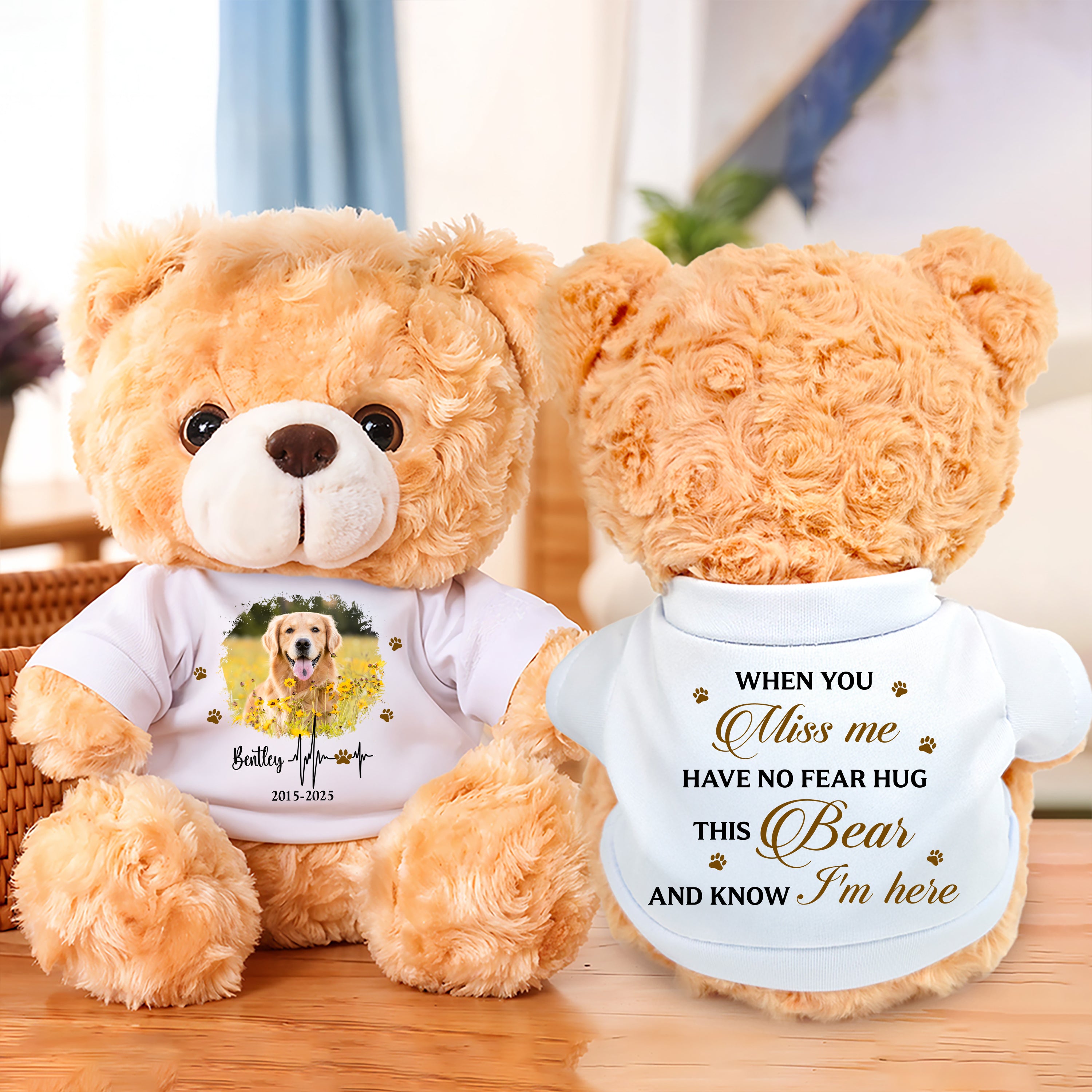 Hug This Bear I'm Here - Personalized Pet Memorial Bear Plush - Custom Name and Photo Teddy Bear