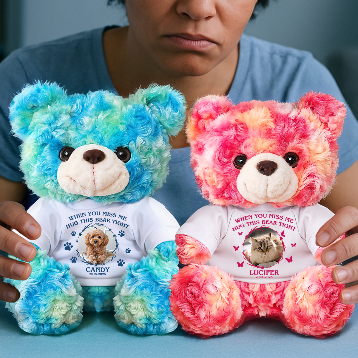 When You Miss Me Hug This Bear - Personalized Pet Memorial Bear Plush - Custom Photo and Name Bear