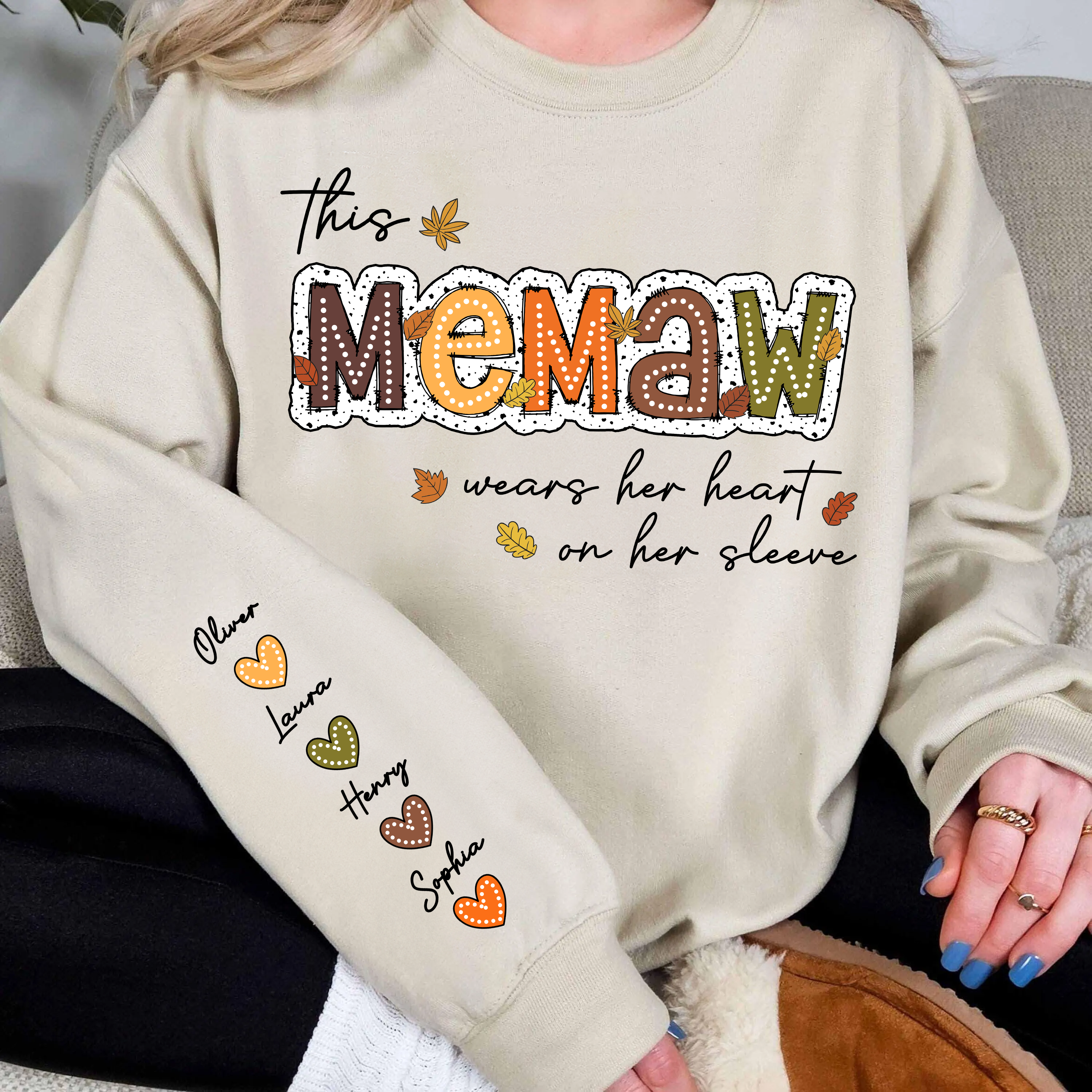 Personalized Gift For Grandma - Grandma Wears Her Heart On Her Sleeves - Custom Name Christmas Shirt