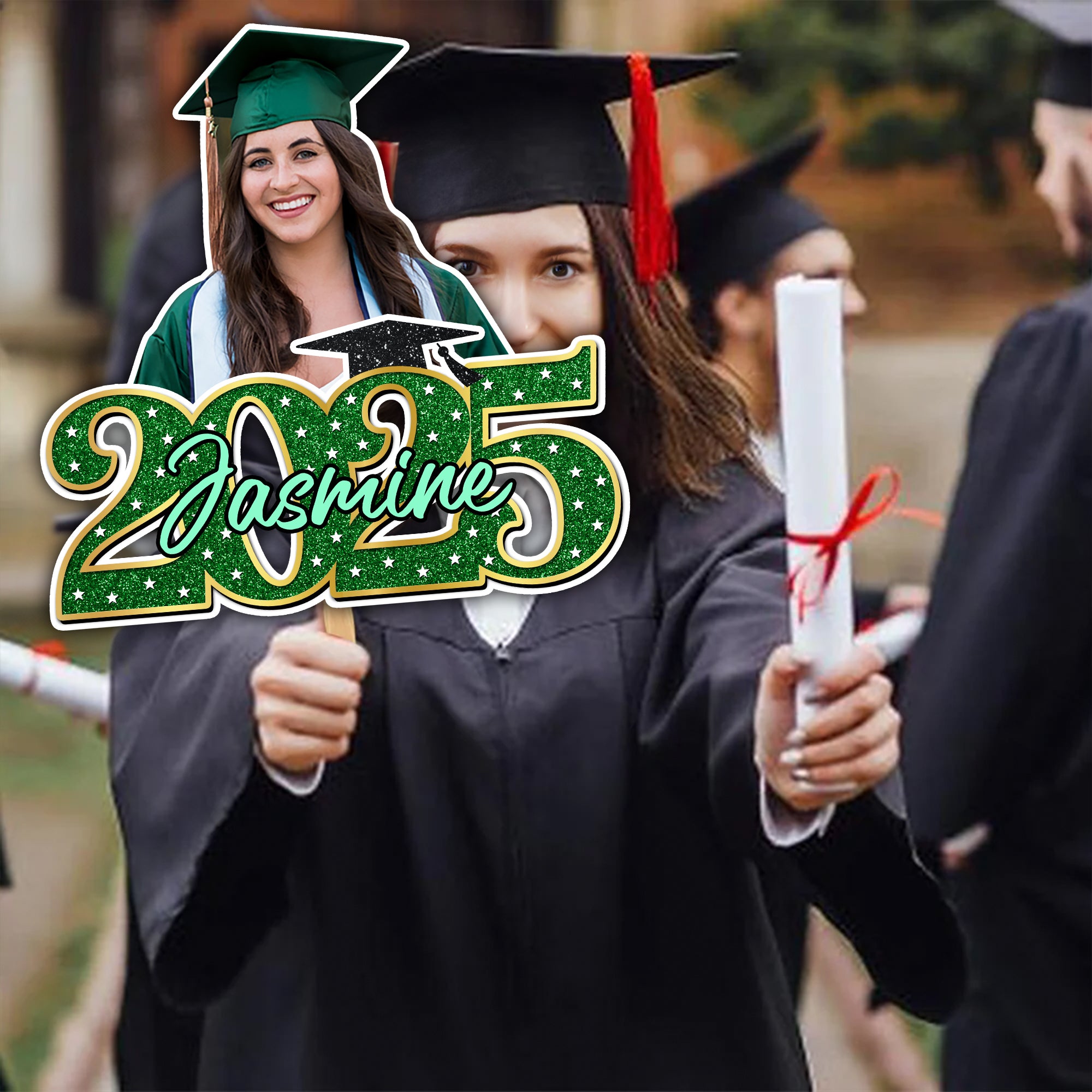 Personalized Face Fans With Wooden Handle - Colorful Glitter Senior Photo Class Of 2025 - Graduation Keepsake Gift