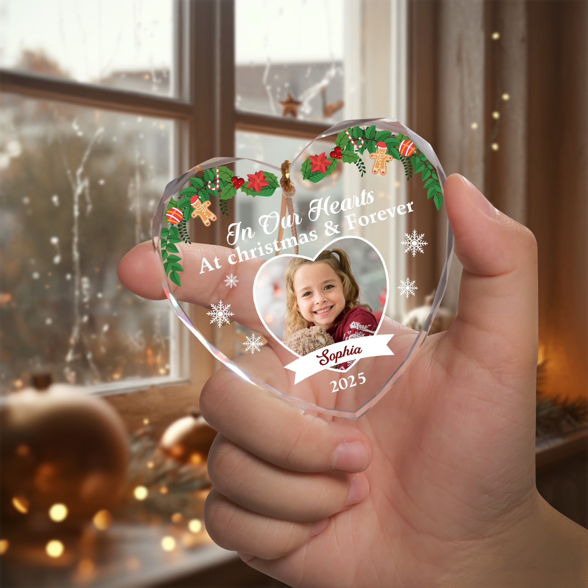 In Our Hearts - Custom Name and Photo - Personalized Glass Ornament - Memorial Gift