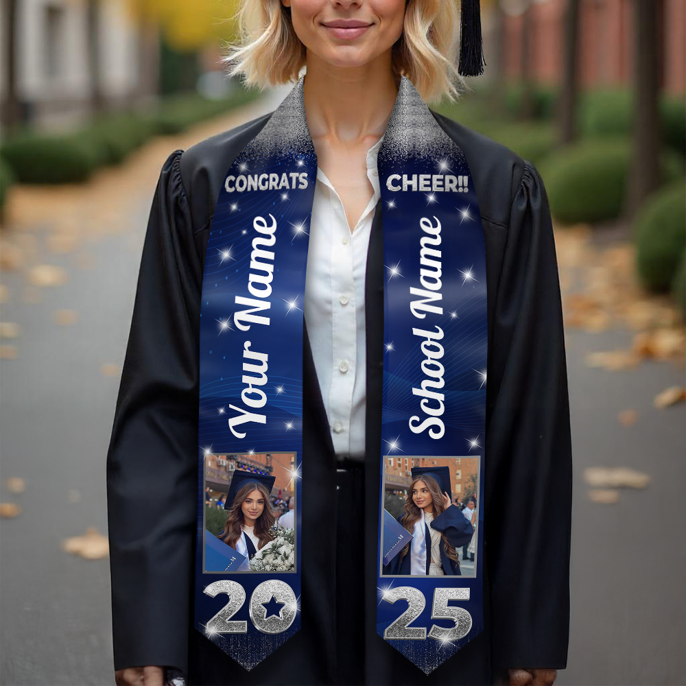 Congrats 2025 Graduation Stole With Photo and School Name - Personalized Gift For Graduation